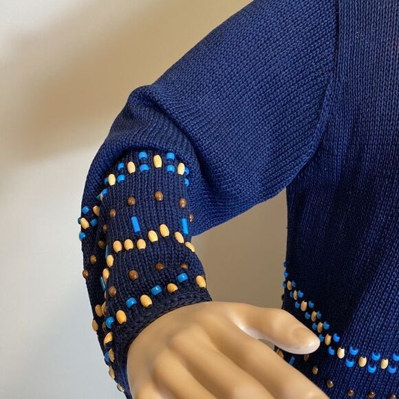 ❤️Last Chance Liz Claiborne navy blue V-neck beaded cardigan sweater Size LP - Picture 3 of 7